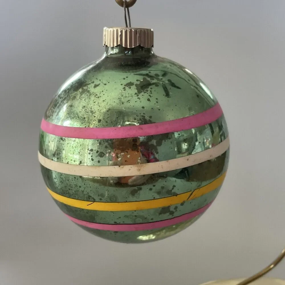 Vintage Shiny Brite Green Stenciled Striped Glass Christmas Ornament Holiday 8.5